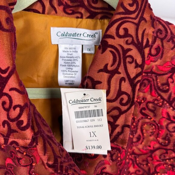Coldwater Creek Red Tonal Scroll Embellished Jacket Top Button Blazer 1X Vintage - Picture 2 of 5